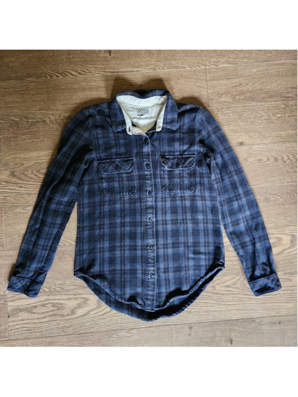 Vans Women's Plaid Flannel Shirt Size M Blue Grey Elbow Patches Button Down